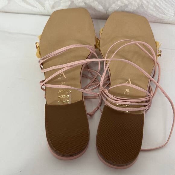 Anthropologie Embellished Tie Up Pink/Rose Raffia Square Toe Sandals New in Box - Picture 12 of 12